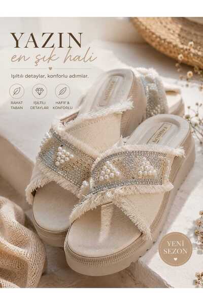 Acarbey Tarhan Bead Embroidered Tassel Detailed Slippers Cream