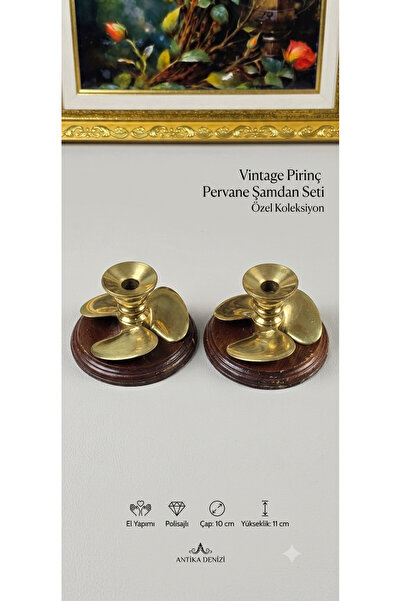 EVVEL ZAMAN ANTİK Vintage Pirinç Pervane Motifli Ahşap Kaideli Şamdan Seti (2...