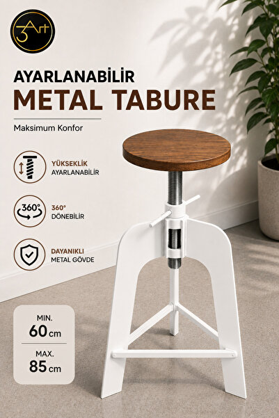 3Art Metal Dekorasyon Tic.Ltd.Şti Ayarlanabilir Bar Taburesi - Ahşap Oturaklı...