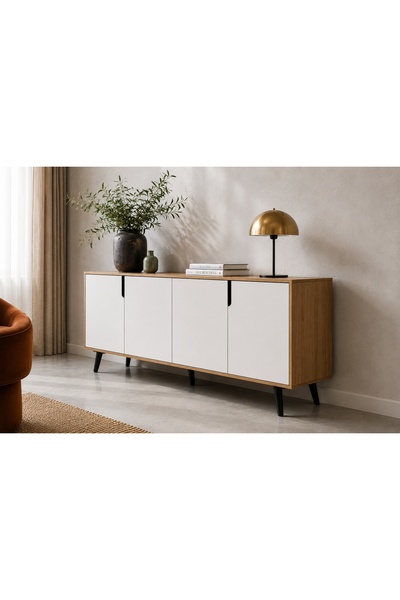 Vivense Latina Modern Konsol 180 cm | Safir Meşe Beyaz | 4 Kapaklı | Ahşap Ay...