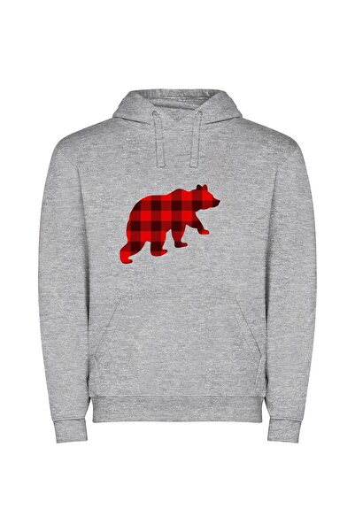 iLovePrints Red Bear Flannel Fusion Φούτερ με κουκούλα σε χρώμα Γκρι