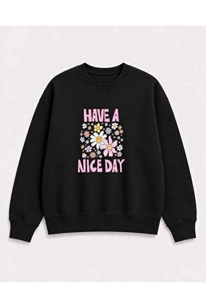 herkesemoda Emoji Flowers Printed 2 Thread Threaded Crew Neck Sweatshirt