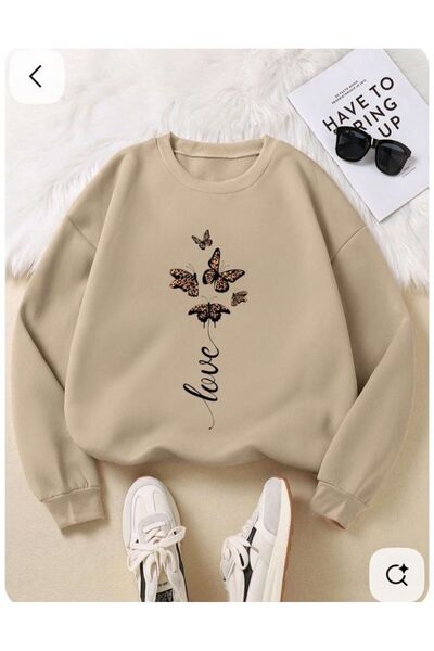 herkesemoda Love Butterfly Printed 2 Thread Threaded Crew Neck Sweatshirt