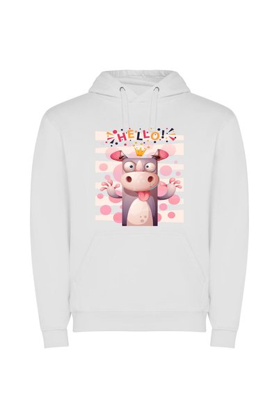 iLovePrints Crowned Moo: Funny Cartoon Φούτερ με κουκούλα σε χρώμα Λευκό