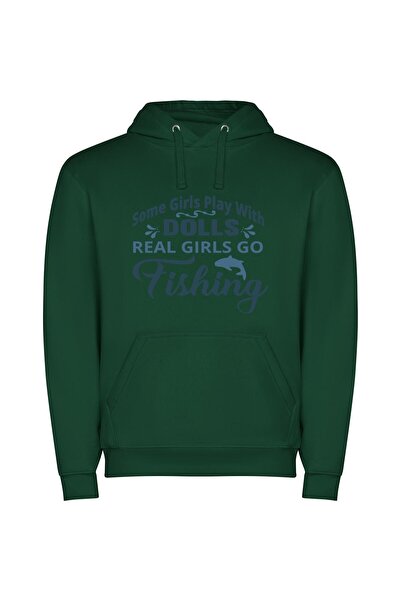 iLovePrints Fishing Real Girls: Authentic Φούτερ με κουκούλα σε χρώμα Πράσινο