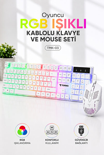 Yenilig Oyuncu RGB Işıklı Kablolu Q Klavye ve Mouse Seti TMK03 Beyaz USB Gami...