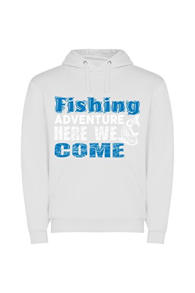 iLovePrints Blue-White Fishing Welcomes All Φούτερ με κουκούλα σε χρώμα Λευκό
