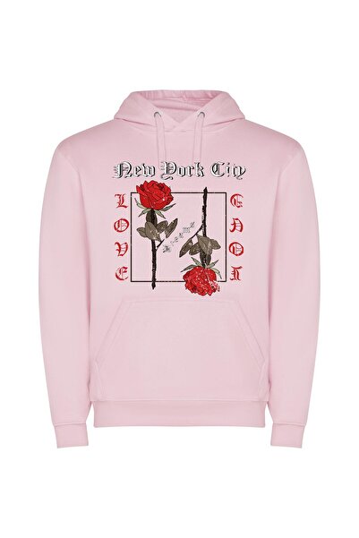 iLovePrints NYC Noir: Black Rose Φούτερ με κουκούλα σε χρώμα Ροζ