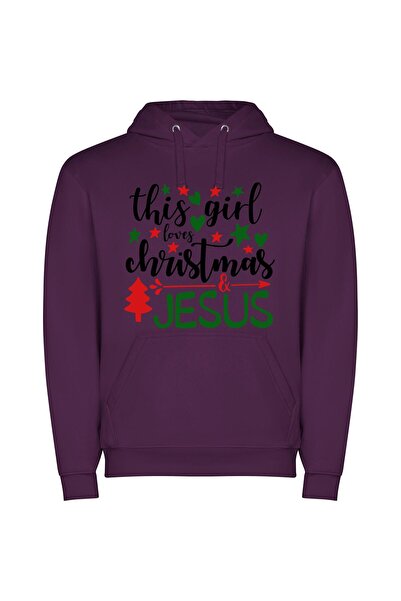 iLovePrints Christmas Devotion: Girl's Love Φούτερ με κουκούλα σε χρώμα Μωβ