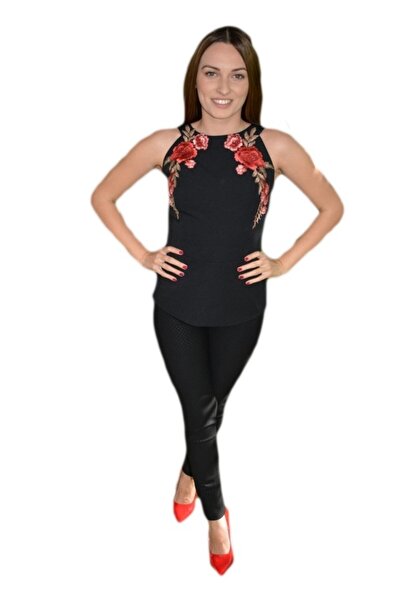OEM Bluza chic de ocazie, cu design de flori brodate pe fond negru