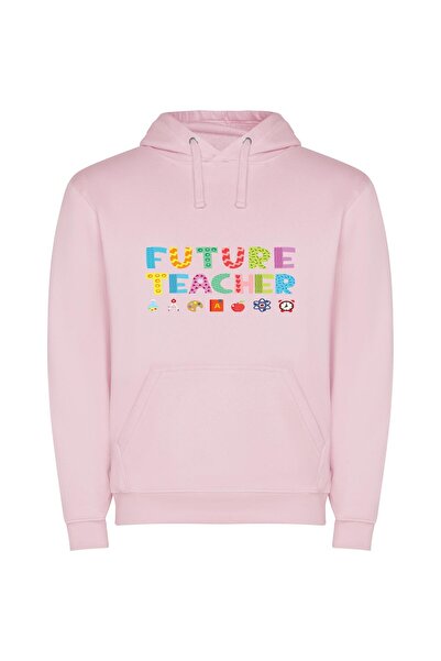 iLovePrints Vibrant Future Teacher Typography Φούτερ με κουκούλα σε χρώμα Ροζ
