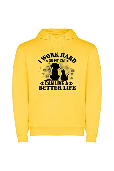 iLovePrints Purrfect Life: Working Hard Φούτερ με κουκούλα σε χρώμα Κίτρινο
