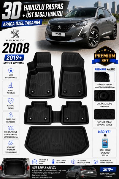 PİNUKS PEUGEOT 2008 ÜST 2023 MODEL UYUMLU 3D ARACA ÖZEL HAVUZLU PASPAS+BAGAJ ...