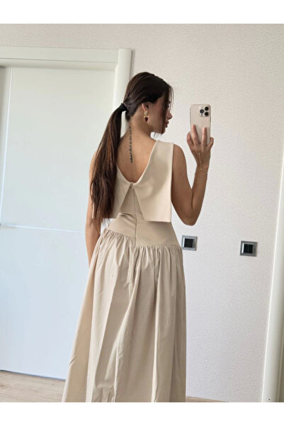 pazarella Long Dress with Wings on the Back - Beige