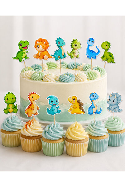 12'li Dinozor Temalı Parti Topper Seti | Sevimli Pasta Süsü Çubuklu Dekor | Doğum Günü Parti Süsleme, 12'li Cupcake Süsü Topper Seti, Renkli Kawaii Pasta Kürdanı, Doğum Günü Parti Baby Shower Dekor