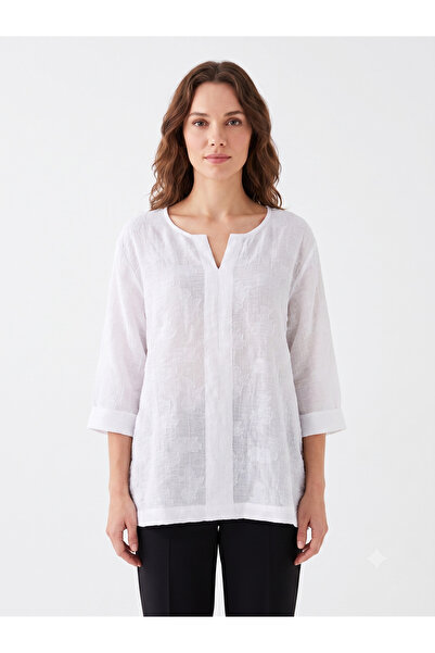 Neden Tekstil Women's White Embroidery Detailed Half Placket Blouse