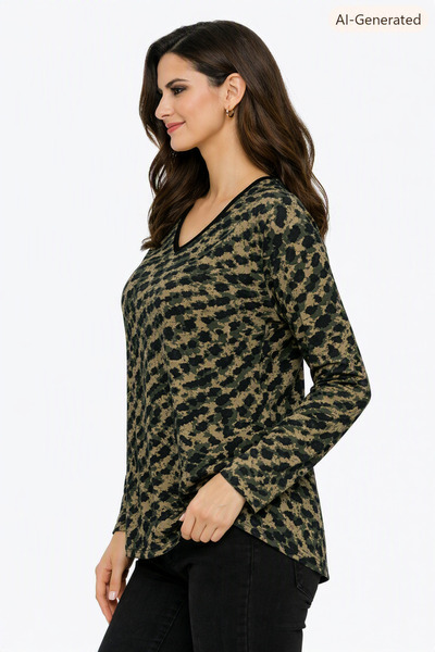 İyisini İstersen Women's Green Tones Camouflage Patterned Oval Neck Full Lycra Plus Size Blouse