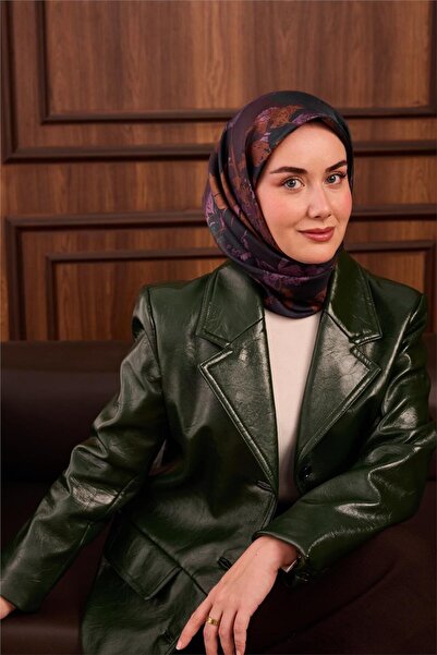 Silk Home وشاح حريري من التويل باللون الأخضر الداكن - نمط زهور بنفسجي مع تصمي...