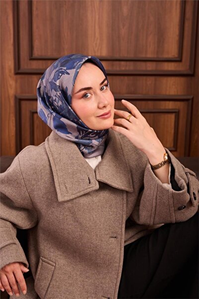 Silk Home وشاح حريري من التويل S أزرق بلون الكوبالت رمادي اللون مع نمط زهور ز...