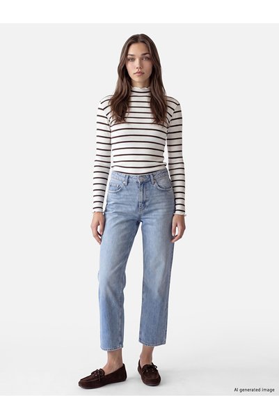 LC Waikiki LCW Modest Kahverengi Dik Yaka Çizgili Kadın Body