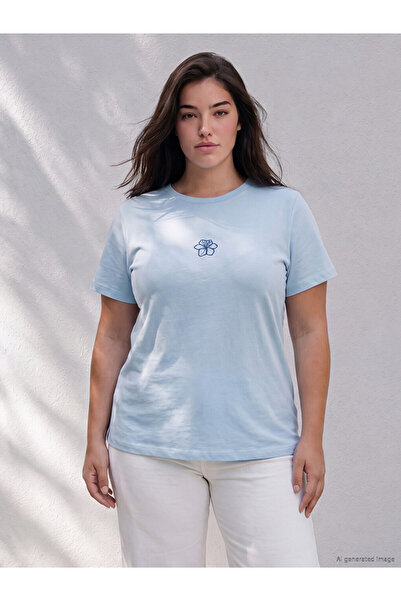 LC Waikiki Blue Floral Embroidered Cotton Women's T-Shirt