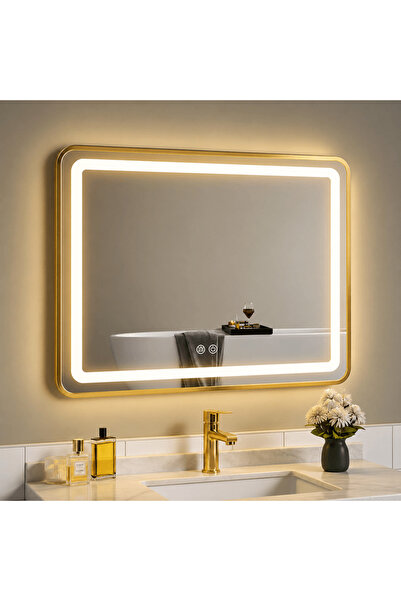 shark design Oglindă dreptunghiulară LED 80×60 cm cu ramă aurie periată, Mode...