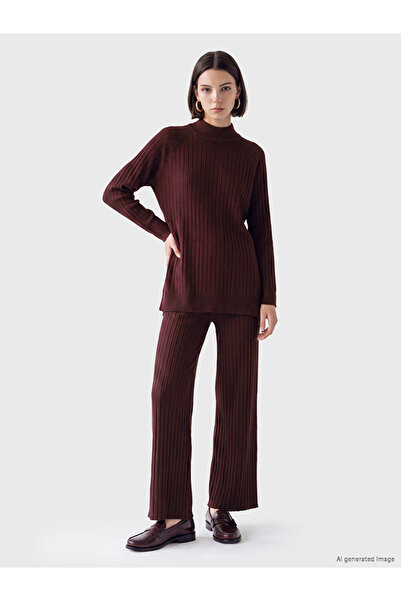 LC Waikiki Lcw Modest Burgundy Women's Ribbed Knitwear Pants with Elastic Waist