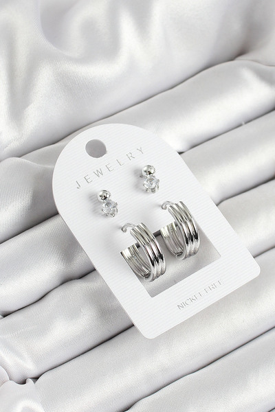 DMR Elegance Silver Color 3-Piece Double Women's Earring Set with Brass Zirco...