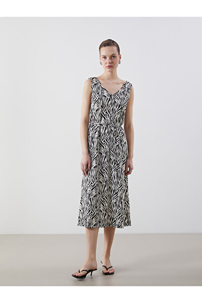 LC Waikiki Black V-Neck Patterned A-Line Dress