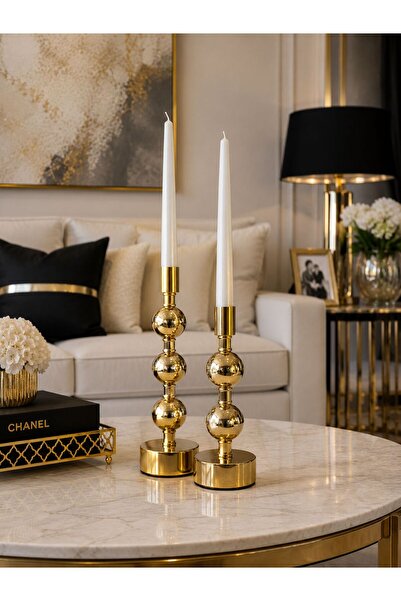 ArzzHome 2'li Dekoratif Top Şamdan + Mum – Gold