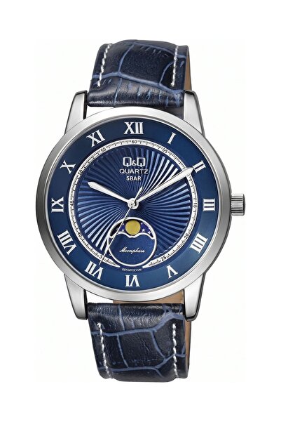 Q&Q Lacivert Kadran Moonphase Göstergeli Su Geçirmez Lacivert Deri Kordon Erk...