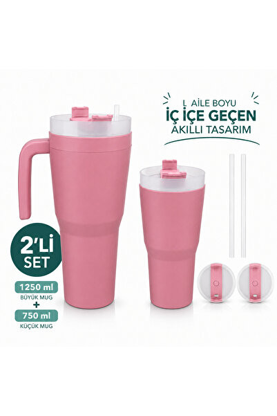 Kale Termos Kale Sippro Mug İç İçe Geçen 2'li Pipetli Suluk Seti 1250 ml + 75...