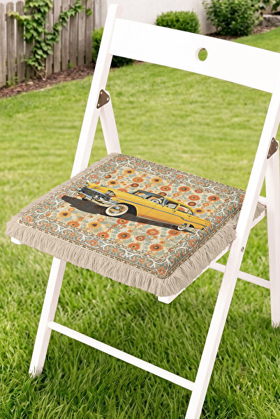 Realhomes Retro Classic Car and Floral Pattern Fringed Zippered Chair Cushion...