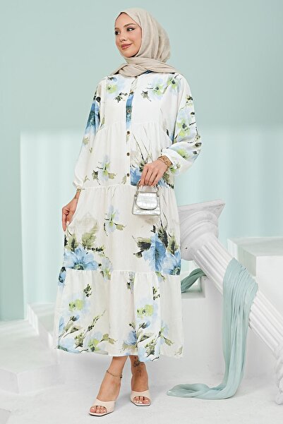 İmajButik Blue Half Buttoned Sleeves Elastic Skirt Layered Viscose Dress