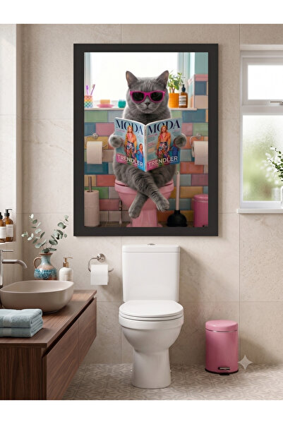 Teknograf Komik Banyo Tablosu - Klozette Dergi Okuyan Kedi Tasarımlı Ahşap MD...