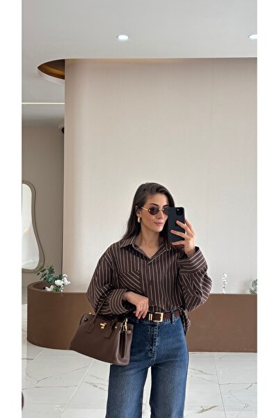 Genel Markalar KAHVERENGİ OVERSIZE ÇİZGİLİ GÖMLEK