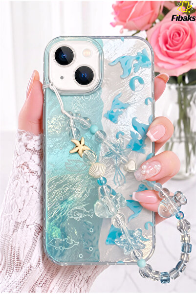Fibaks iPhone 13/14/15 Kılıf Hologramlı Çift Renk Charmlı Deniz Balık Desenli...