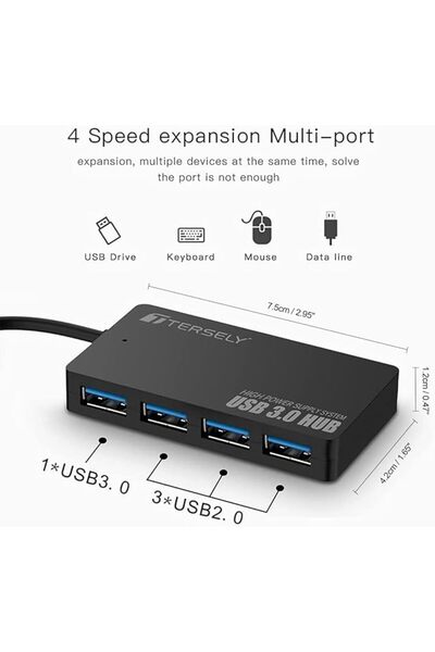 T Tersely موزع USB 3.0+2.0 بأربعة منافذ، نحيف للغاية وعالي السرعة |   موزع إش...