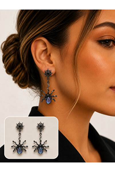 synshop Gothic Spider Figured Dangle Earrings Black Metal with Blue Stones Y2...