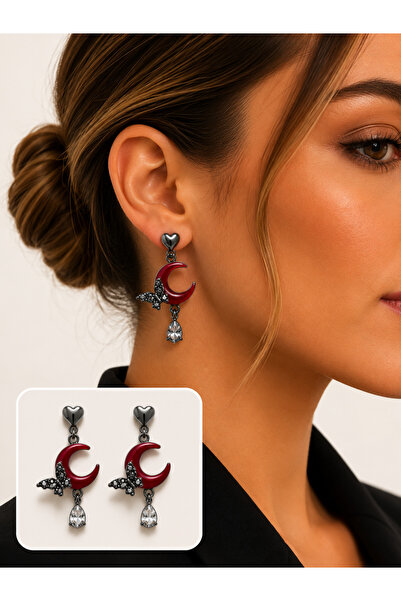 synshop Gothic Crescent Moon and Butterfly Figured Dangle Earrings Red Stone ...