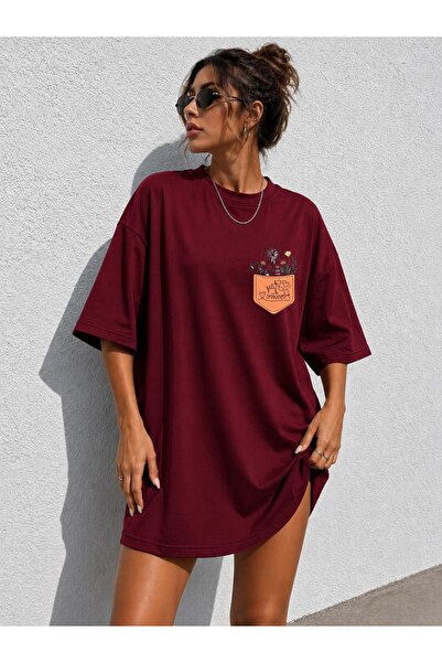 classy moda تي شيرت نسائي طويل جدًا مطبوع عليه صورة جيب مزين بالزهور