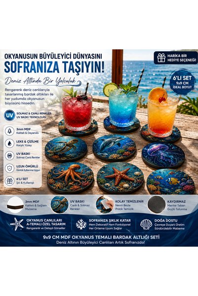 Şımartan Ocean Creatures Themed Coasters Set of 6 9X9 cm Mdf |   Non-Fading Uv Printing |   Decorative Undersea Design Coasters