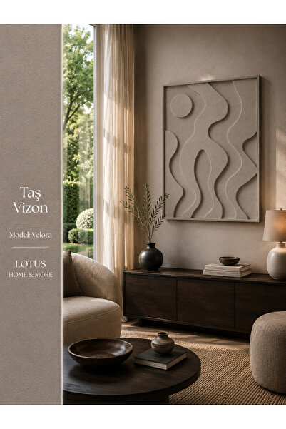 Lotus Home&More VELORA - El Yapı Ahşap Çerçeveli 3 Boyutlu Dokulu Doğal Taş v...