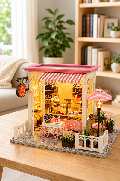 Diyarea Çikolata Evi 3D Puzzle Ahşap Minyatür Maket Kiti DIY Kendin Yap Led I...