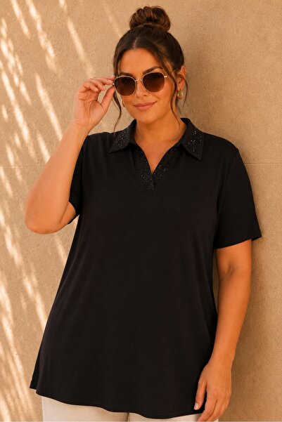 FOR ESRA BIG TREND Women's Plus Size Stoned Polo Collar Short Sleeve Stretchy...