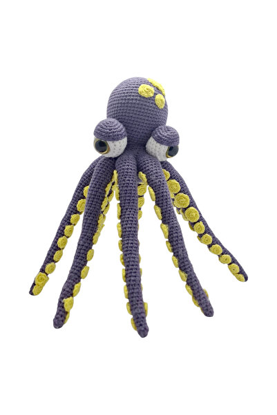 Amigurumi Örgü Ahtapot Oyuncak 25 cm - El Yapımı Sarı Vantuzlu Mor Deniz Canlısı Figürü