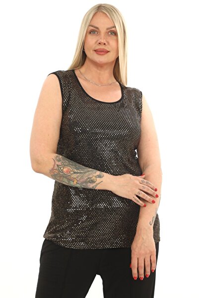 Maya Butik Gold Sıfır Yaka Kalın Askılı Önü Simli Bluz - 39914