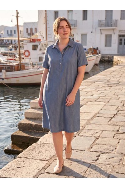 STORi Women's Plus Size Shirt Dress Tencel Short Sleeve Buttoned Summer Navy Blue