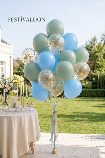 FESTİVALOON 20’li Okaliptus Açık Mavi Gold Konfetili Şeffaf Balon Seti 11 İnç...