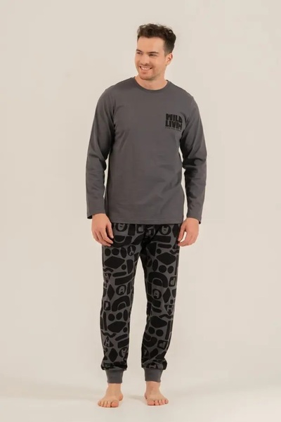 YUYİ Roly Poly 100% Cotton Crew Neck Long Sleeve Men's Pajama Set